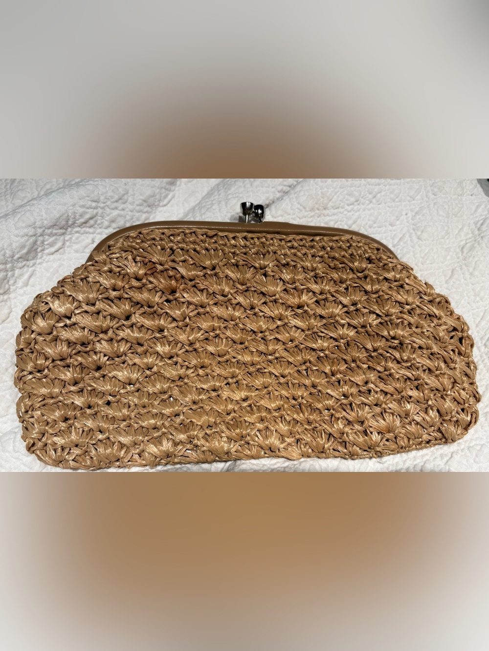 Vintage Forsum Tan Raffia Kiss Lock Clutch Purse Hand Made 50’s Summer Coastal